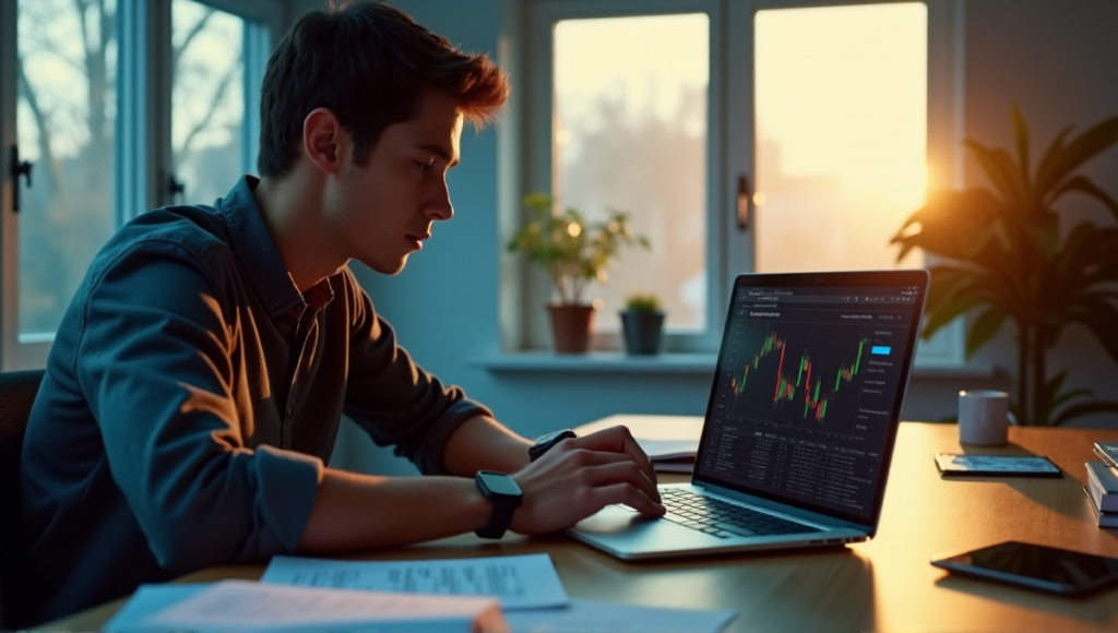 "A young adult sits at a desk, contemplating cryptocurrency trades on a laptop, surrounded by financial resources and high-tech gadgets in a modern home office."