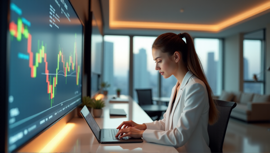 "A young woman in a modern home office surrounded by screens displaying cryptocurrency charts and financial data, analyzing market trends with determination."