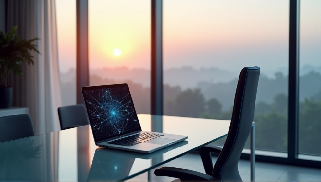 "A modern home office featuring a sleek laptop displaying intricate blockchain data visualization on its screen, amidst a serene misty landscape."