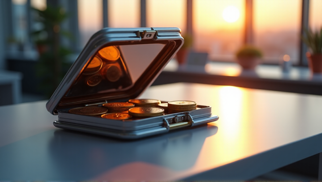 "An open cryptocurrency wallet on a metallic desk, revealing colorful blockchain security tokens with distinct shapes and textures, inviting exploration of blockchain basics."