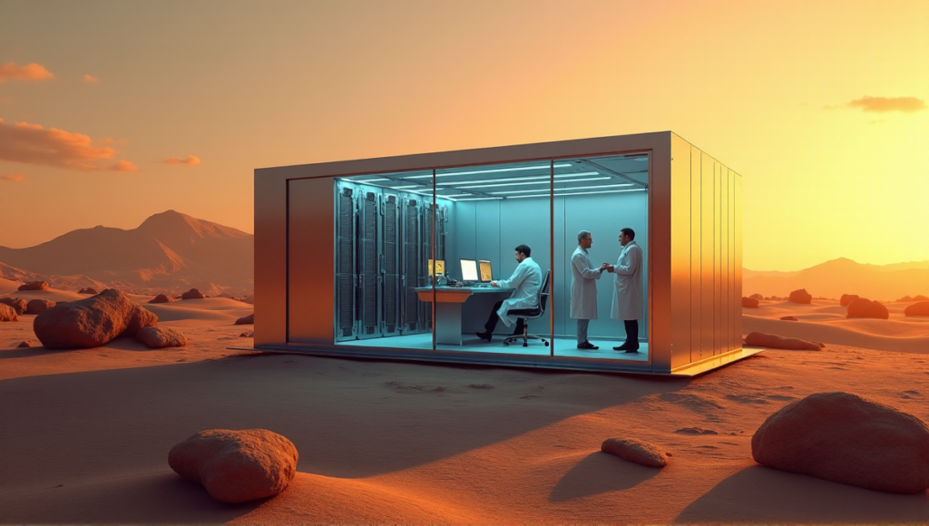 "A futuristic cryptocurrency mining facility in a desert landscape at sunset, with a sleek silver mining rig emitting a soft blue glow amidst rows of humming servers and technicians."