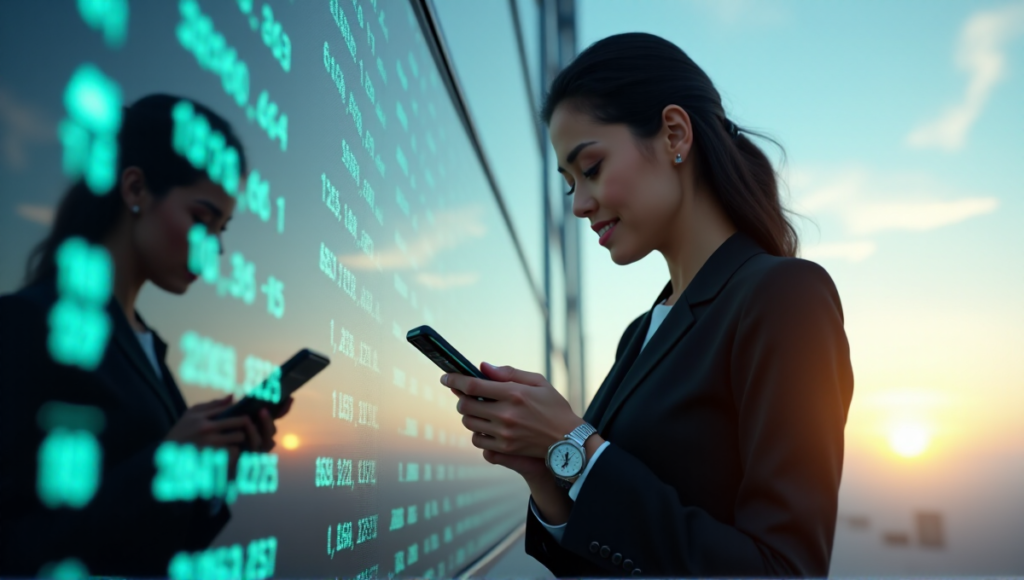 "A young woman stands confidently in front of a cryptocurrency exchange screen, gazing at her smartphone processing a blockchain transaction with determination and empowerment."