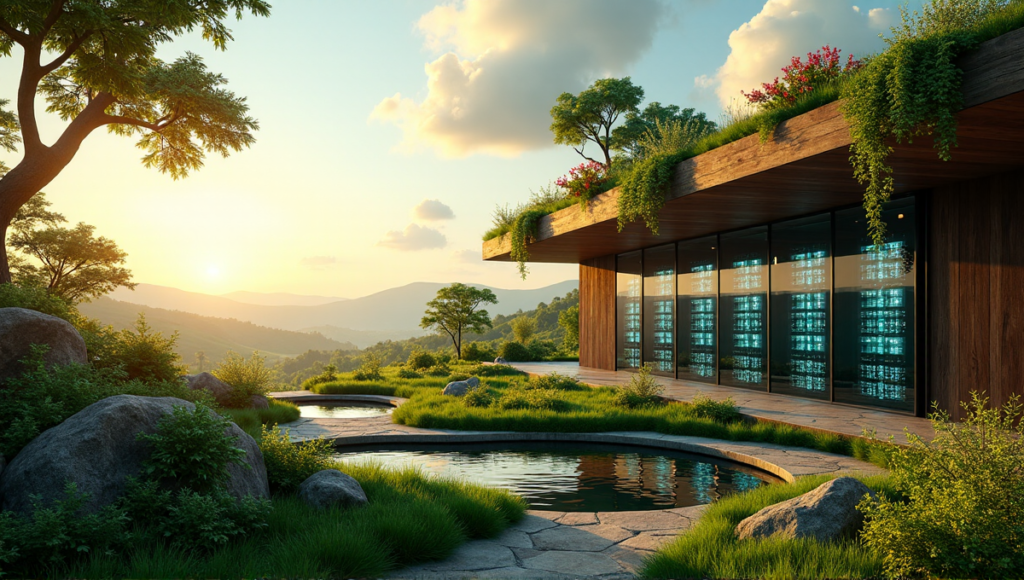 "An eco-friendly data center featuring a sleek server room with blockchain technology servers in a serene countryside setting."