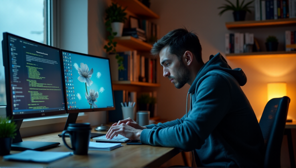 "A person carefully secures their crypto wallet on a computer desk amidst blockchain storage solutions and security software, with a mix of anxiety and determination."
