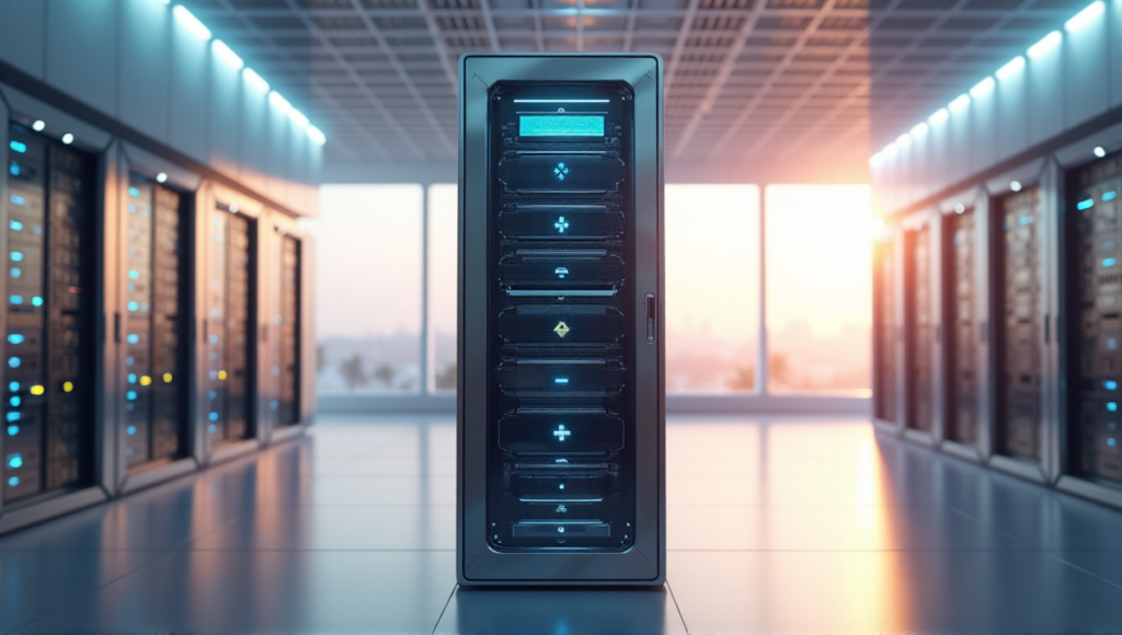 "A futuristic data center showcasing a sleek server rack amidst a well-lit room with rows of LED lights, highlighting blockchain innovation in cryptocurrency."