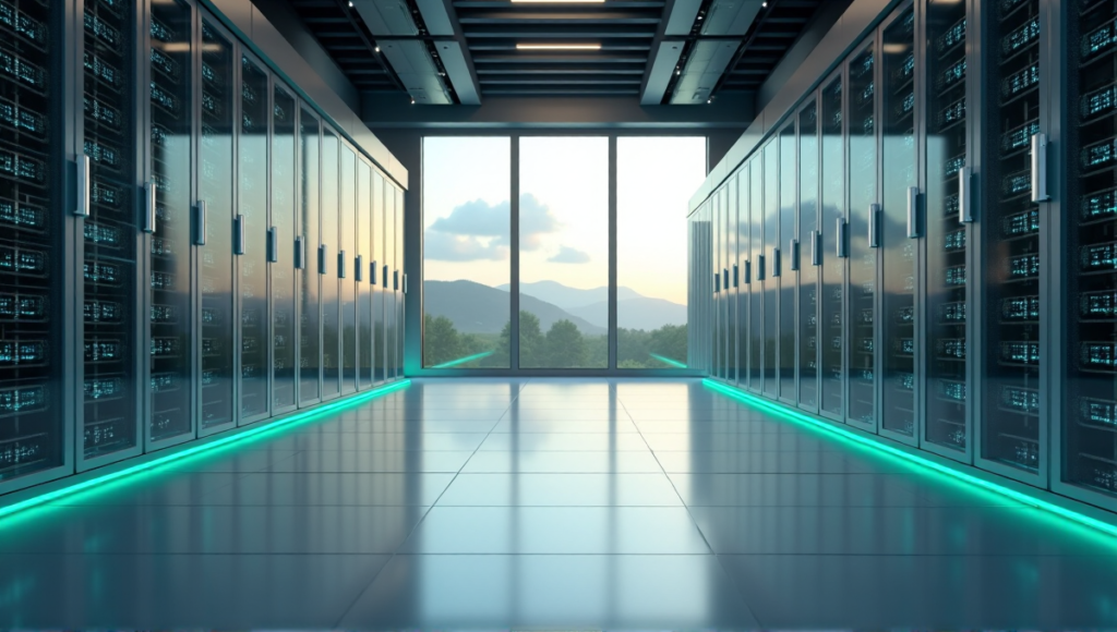 "A futuristic data center with rows of humming blockchain servers in a sleek server room, surrounded by natural light and subtle artificial illumination."