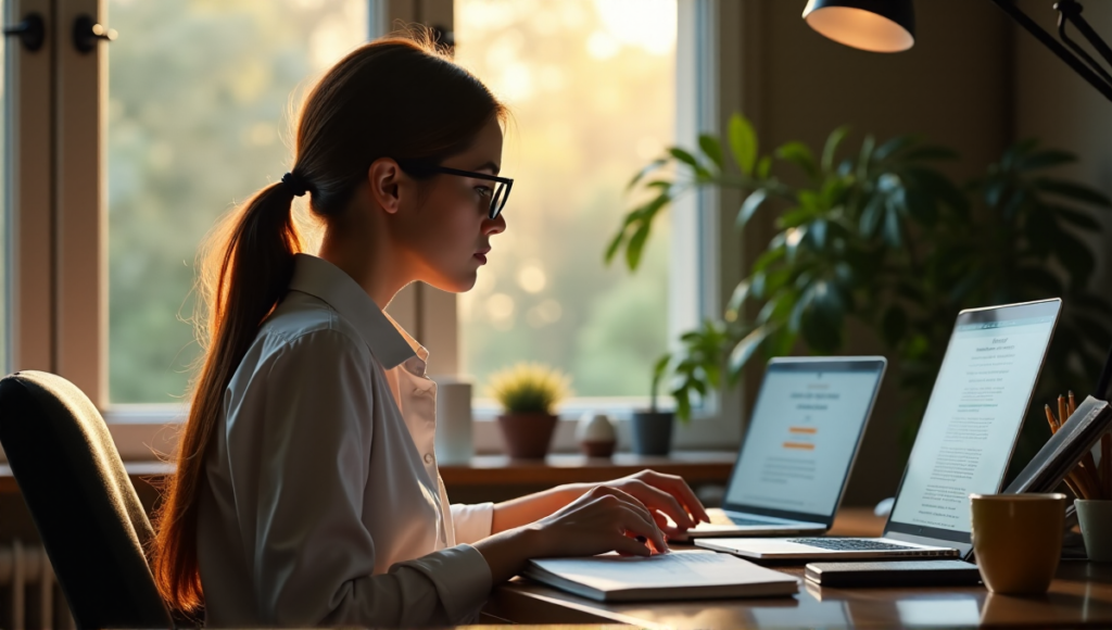 "A young woman sits at a wooden desk, focused on her laptop with blockchain-related notes and financial books nearby."