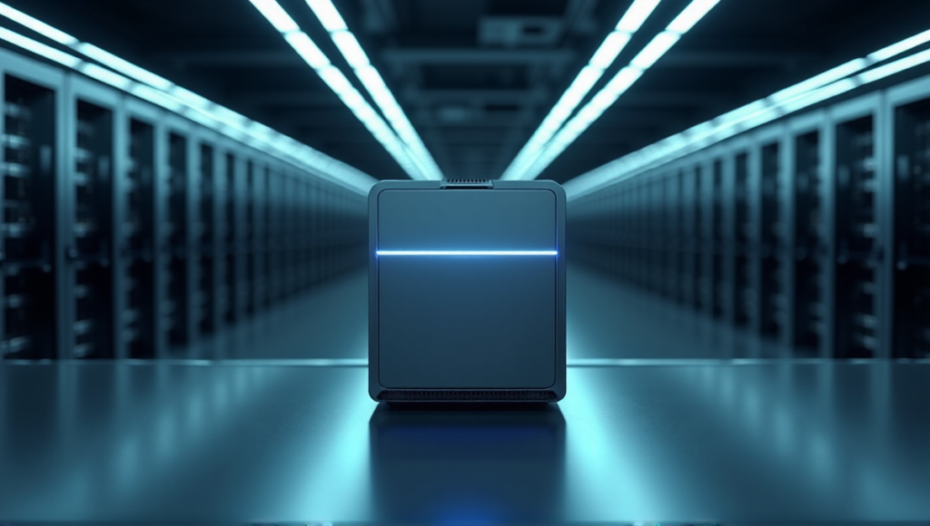 "A sleek silver blockchain node server on a minimalist desk within a modern data center, surrounded by computer servers and storage units."