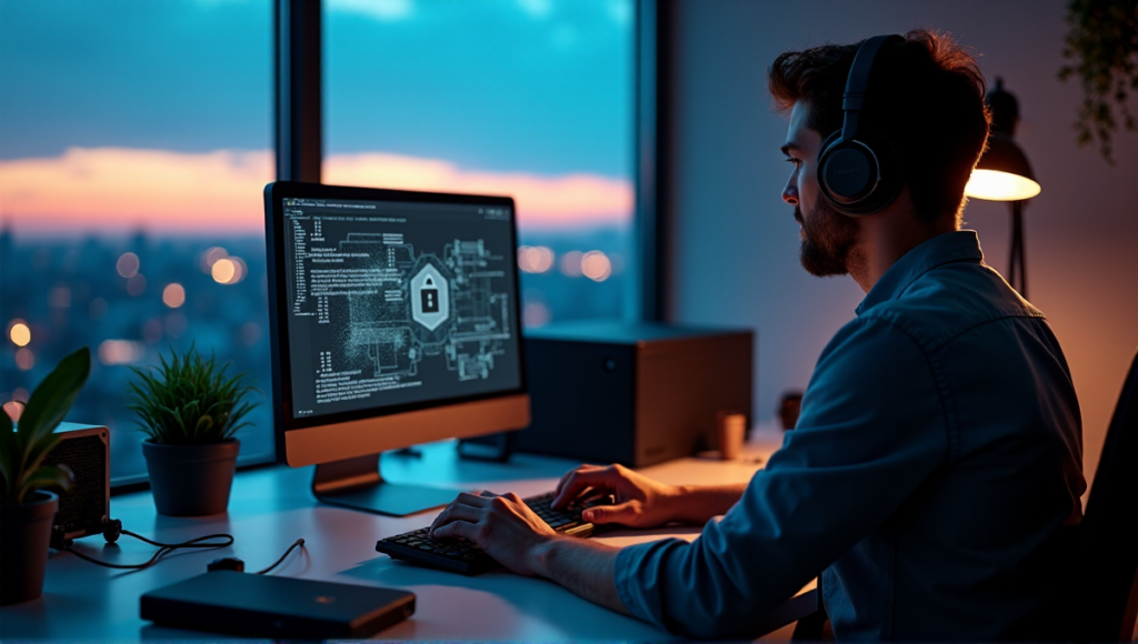 "A person sits in a dimly lit home office, focused on their computer with blockchain miner and wallet nearby, wearing a VPN-enabled headset."