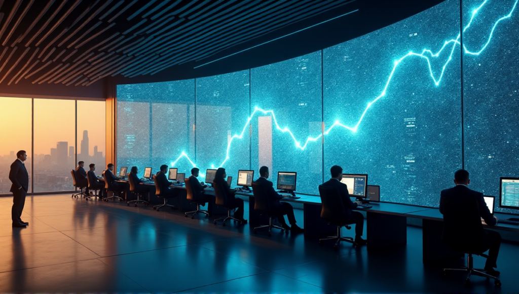 "A futuristic trading floor with a large digital screen displaying an intricate blockchain network, surrounded by focused traders in a dimly lit environment."