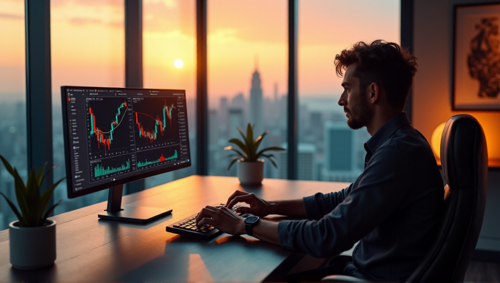 "A person sits in a modern home office, focused on cryptocurrency market data displayed on multiple screens of a high-tech trading terminal."