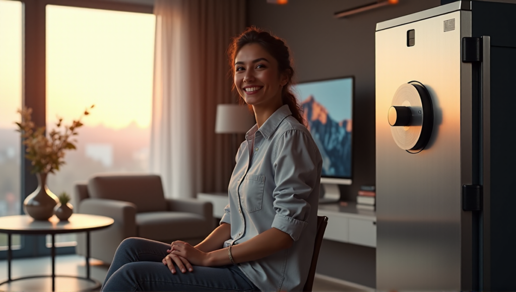 "A person confidently stores cryptocurrency in a high-tech safe featuring advanced biometric security and blockchain protection."