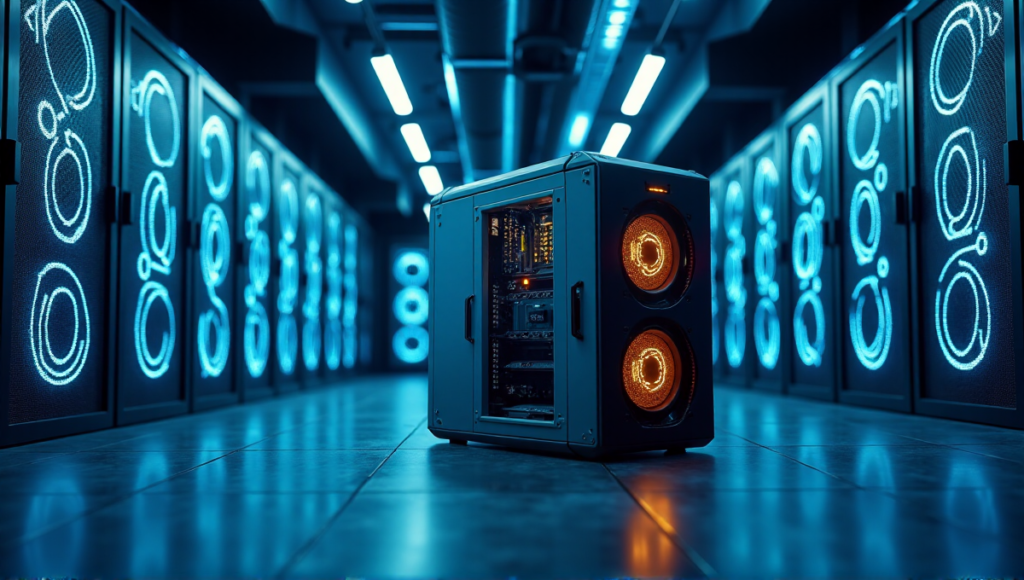 "A futuristic data center with a sleek cryptocurrency mining rig at its center, surrounded by humming servers and LED screens displaying intricate digital patterns in a dimly lit climate-controlled environment."