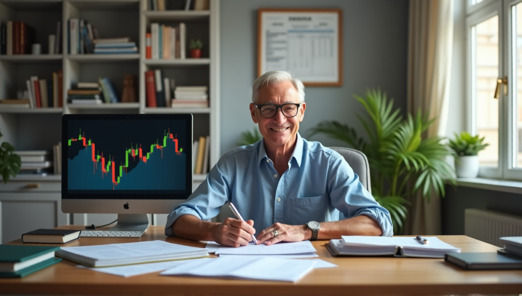 "An older adult reviews financial documents in a well-lit home office with blockchain-related books and certificates on display."