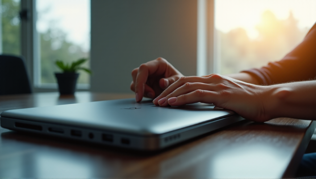 "A person's hands hold a sleek cryptocurrency wallet on a dark wood desk in a modern home office, illuminated by natural light, with a subtle gradient of calming blues and whites in the background."