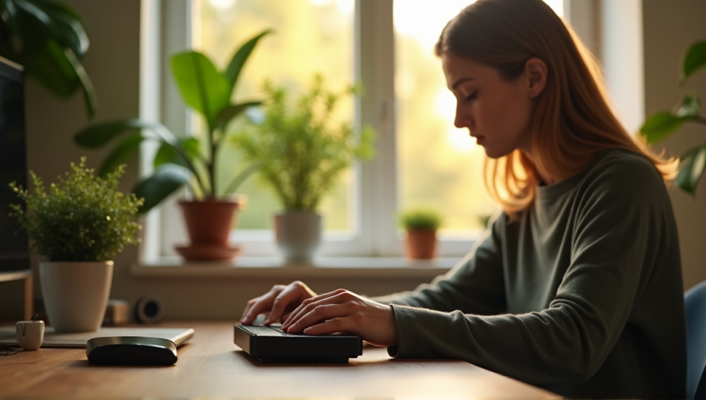 "A person sits in a serene home office surrounded by greenery, with hands gently placed on a Ledger Nano X cryptocurrency wallet, exuding calm focus amidst blockchain technology."