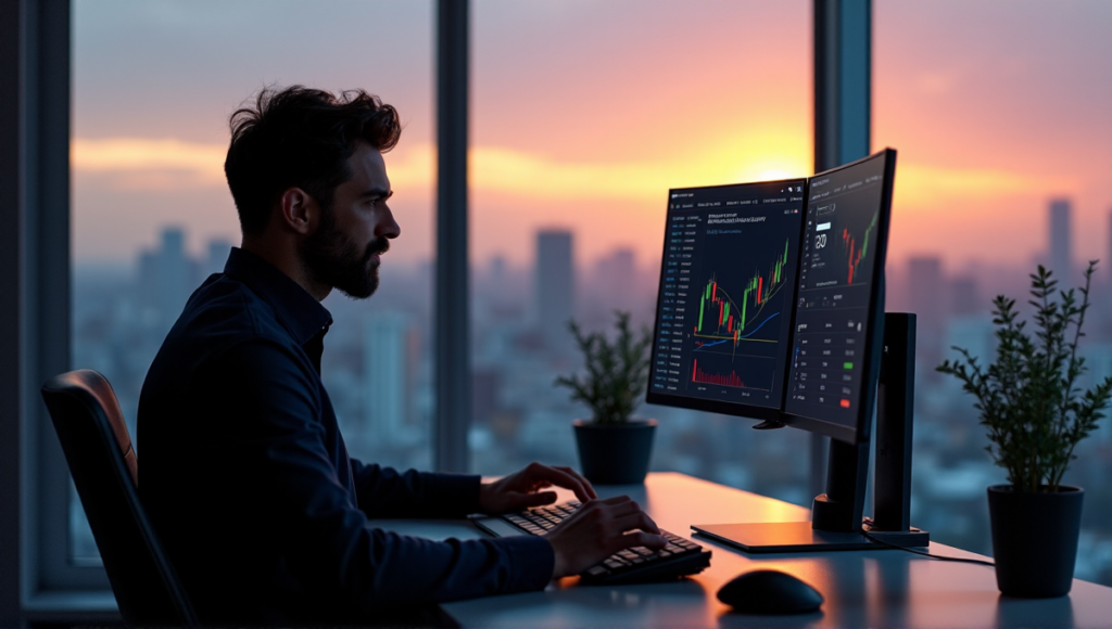 "A person sits in a high-tech home office, intently focused on cryptocurrency trading platforms and blockchain security software, with a sense of caution and preparedness."