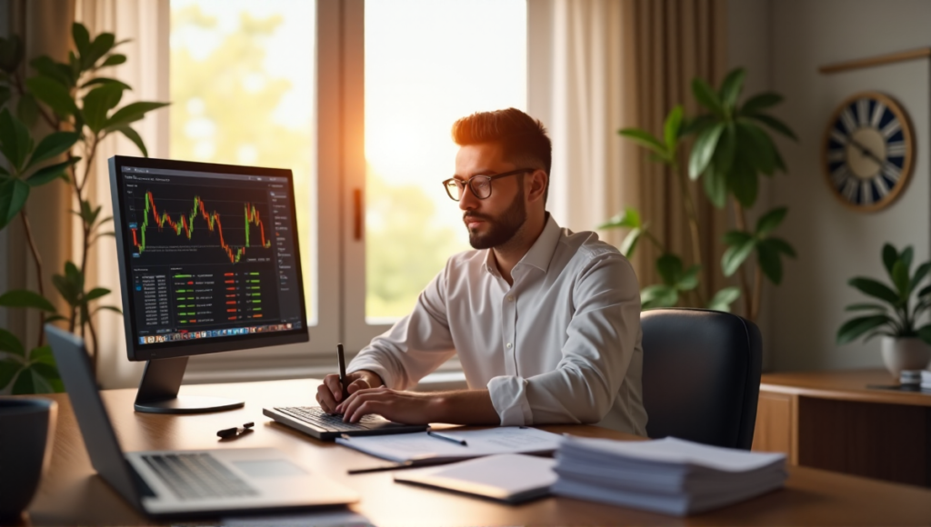 "A professional individual sits at a desk surrounded by cryptocurrency documents, laptops, and financial tools in a modern home office with natural light pouring in."