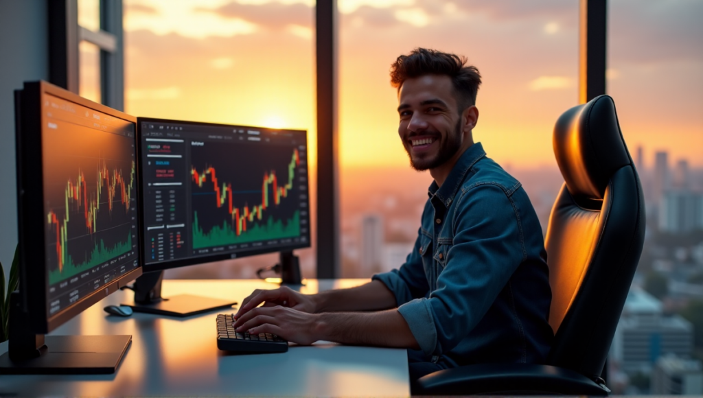 "A young professional trader sits confidently at a high-tech trading desk, surrounded by cryptocurrency market data on multiple screens, with a cityscape view in the background."