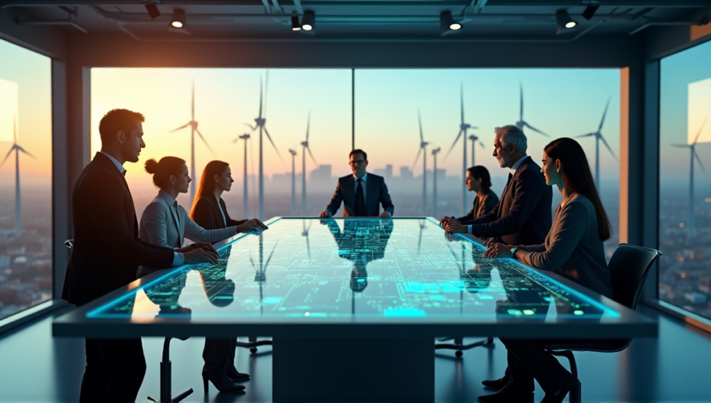 "A futuristic energy control room with a diverse team monitoring blockchain-based energy grids on a large touchscreen interface."