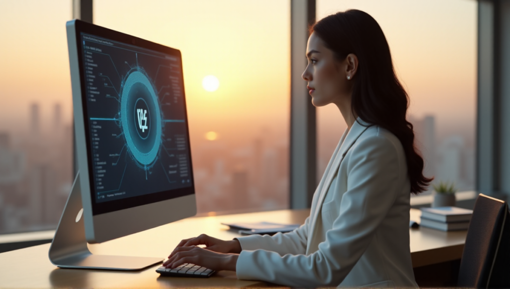 A young professional sits confidently at a modern desk, navigating blockchain data on her computer with ease, surrounded by a serene office space with breathtaking city views.