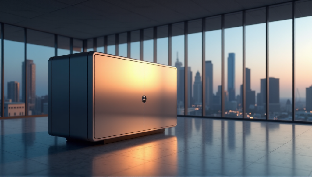 A futuristic insurance claims center featuring a sleek blockchain-enabled computer system in a modern room with a serene cityscape at dusk.