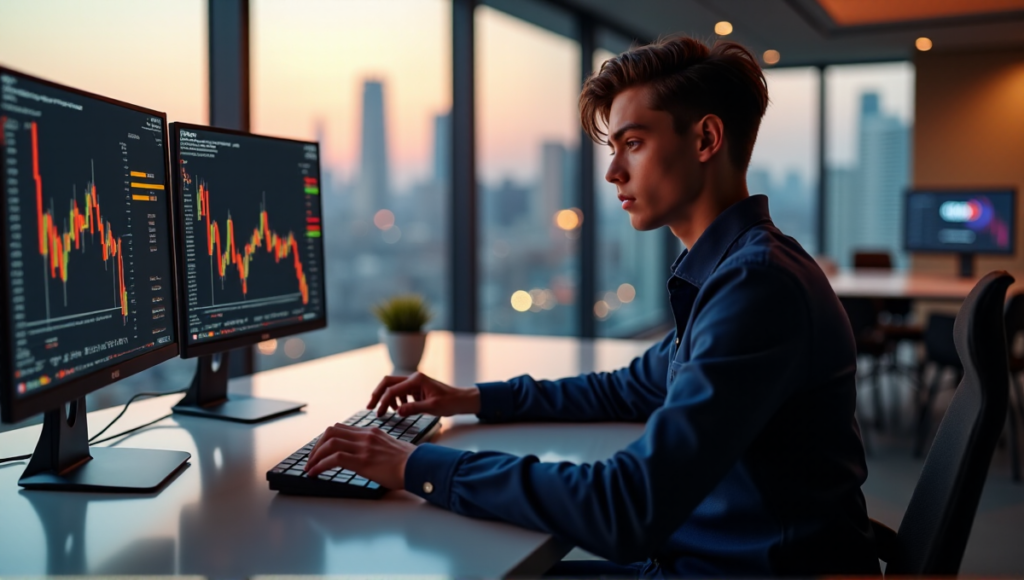 "A young trader sits at a modern desk, intensely focused on cryptocurrency charts and market trends on multiple screens, with a cityscape at dusk in the background."