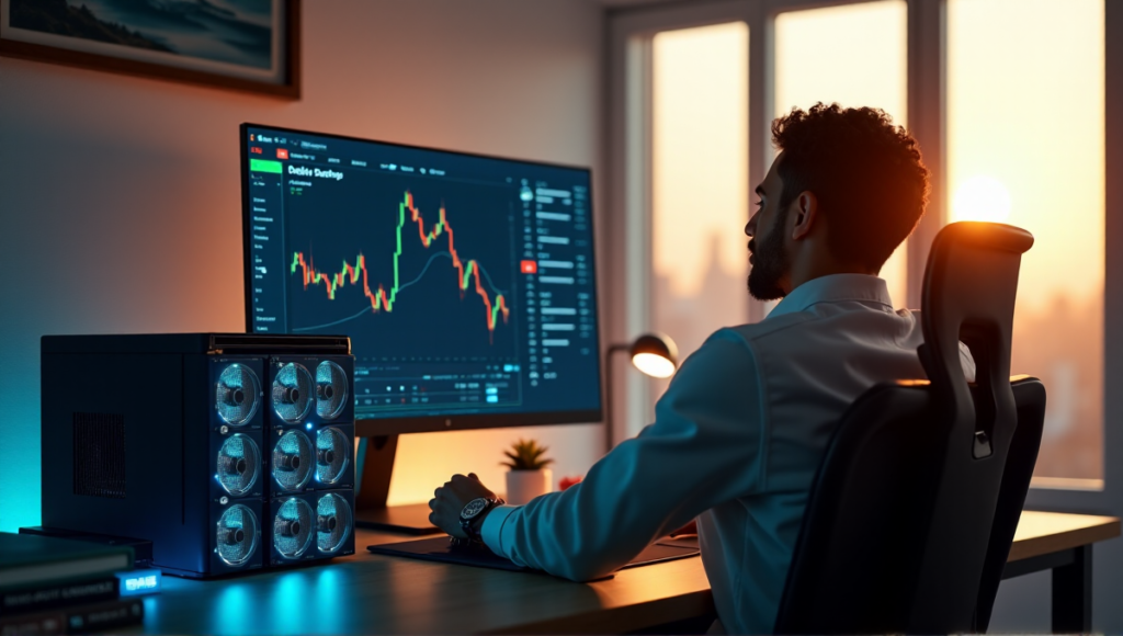 "A person sits in a home office, hands on cryptocurrency mining hardware, with a computer displaying blockchain trading platform and staking strategies."