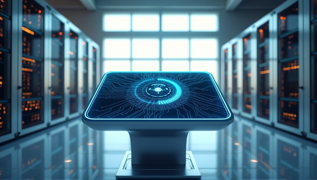 A futuristic cryptocurrency trading terminal in a high-tech laboratory setting with a large touchscreen display showcasing interconnected blockchain nodes and data streams.
