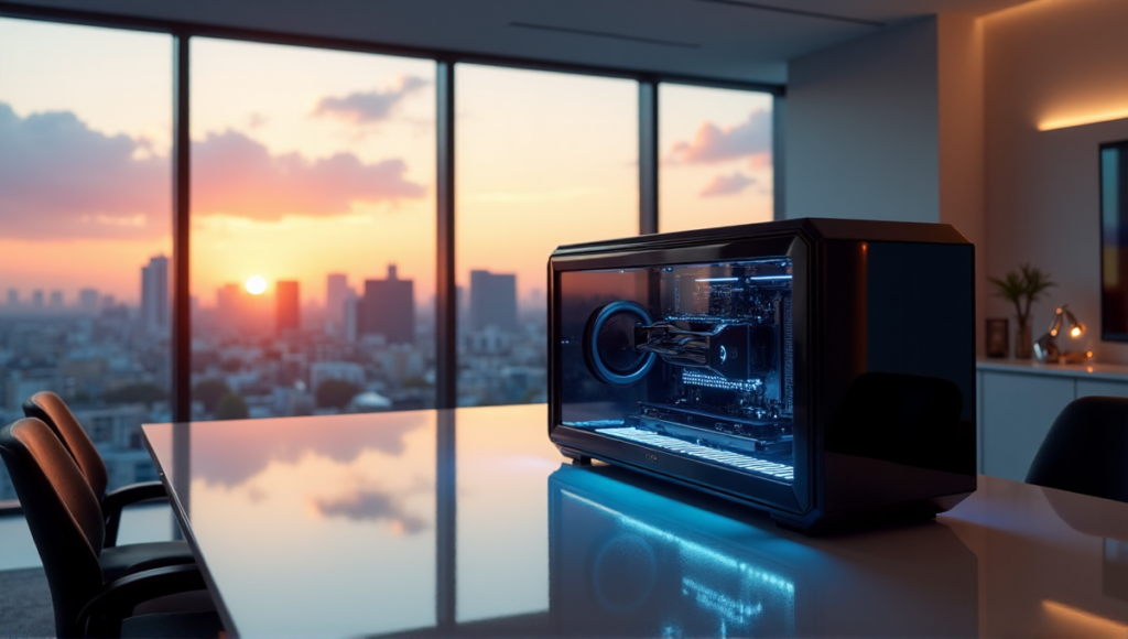 "A modern real estate office featuring a sleek cryptocurrency mining rig on a glass-topped desk, surrounded by cutting-edge technology and a bustling cityscape at sunset."