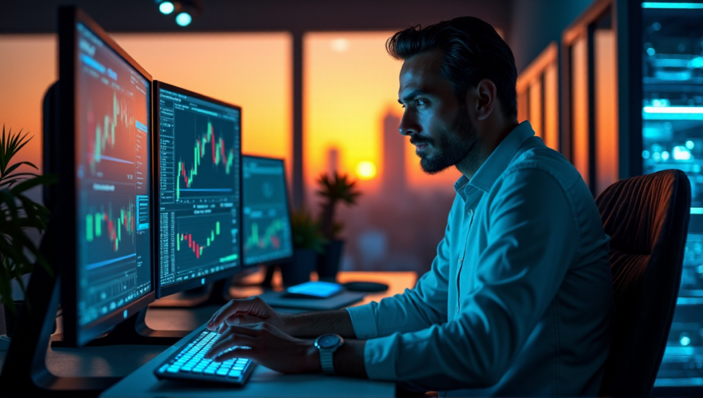 "A skilled trader sits at a modern trading desk, surrounded by cryptocurrency market charts and blockchain analysis tools in a high-tech laboratory environment."