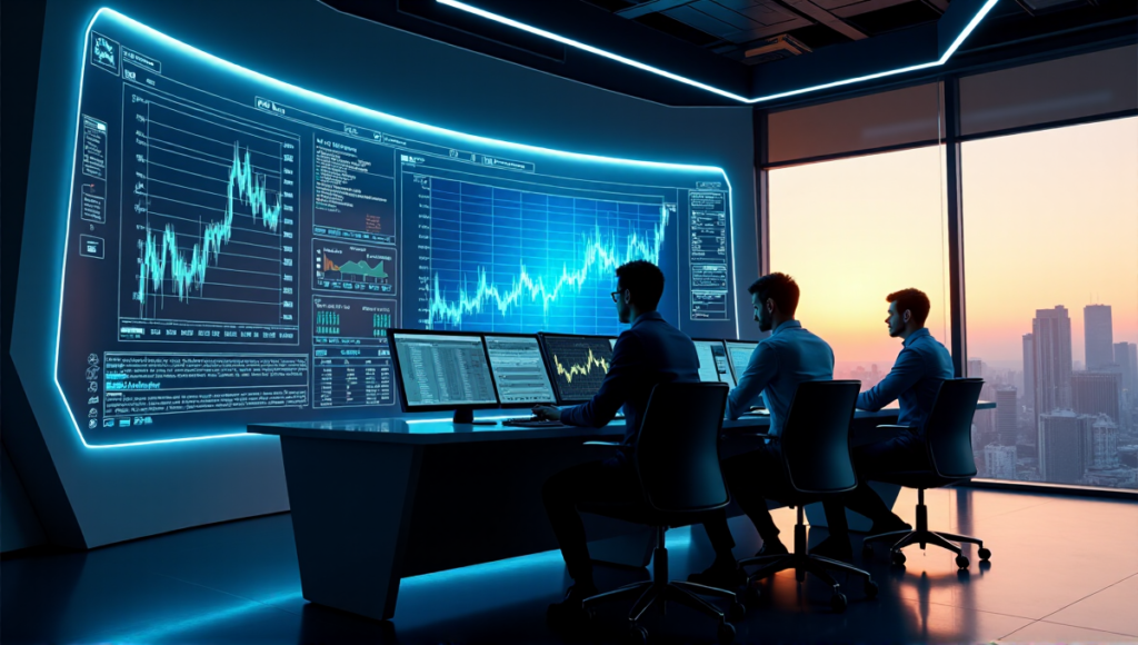 "A team of experts intensely monitor blockchain data on high-resolution screens in a dimly lit control room with a cityscape at dusk through large windows."