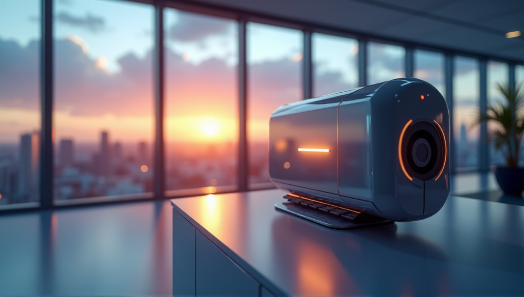 "A sleek cryptocurrency trading terminal in a modern office space with a cityscape view at sunset, conveying trust, reliability, and innovation through blockchain technology."