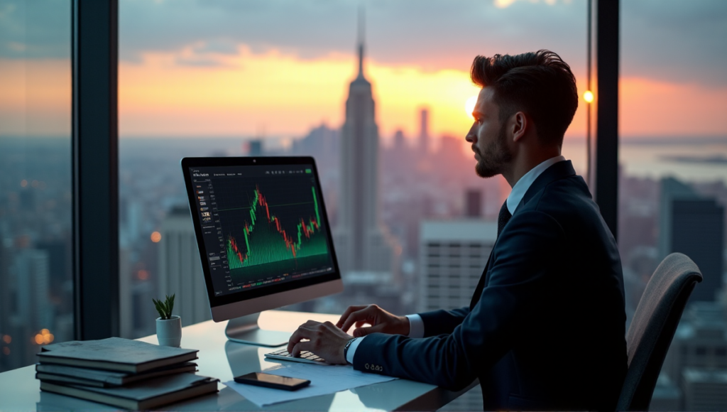 "A young professional sits confidently at a desk, gazing out a cityscape view, surrounded by financial books and papers, with a Ledger Nano X wallet chain and Bitcoin-themed tie clip, focused on a graph of fluctuating cryptocurrency prices."