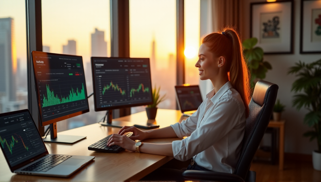 "A young investor sits comfortably behind a wooden desk, surrounded by computer monitors displaying cryptocurrency charts and blockchain data, with laptops and tablets nearby in a well-lit home office."