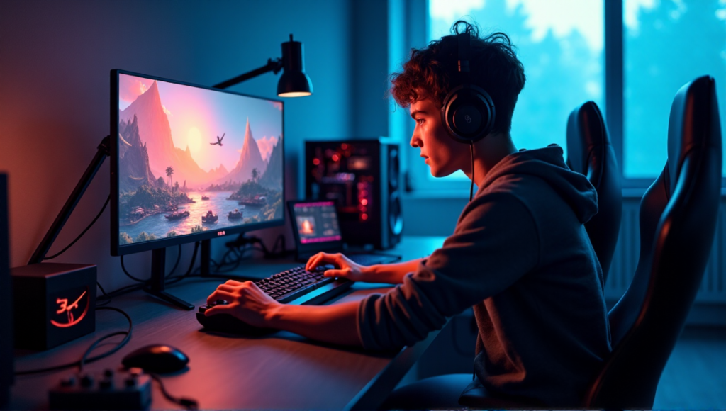 "A young gamer sits intensely focused on a crypto-based game like Axie Infinity or The Sandbox, surrounded by gaming peripherals and mining equipment in a dimly lit room with warm golden hour lighting."