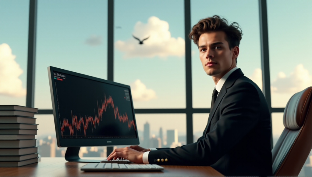 "A young adult in a black business suit sits at a wooden desk, surrounded by financial books and papers, with a cityscape view through floor-to-ceiling windows, focused on a computer screen displaying fluctuating cryptocurrency prices and blockchain data."
