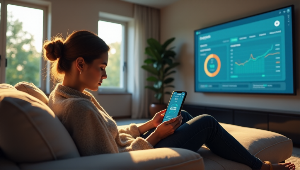 "A person sits comfortably on a cream-colored couch, gazing at their smartphone displaying a growing cryptocurrency balance on a staking app, with a blockchain dashboard visible behind them."
