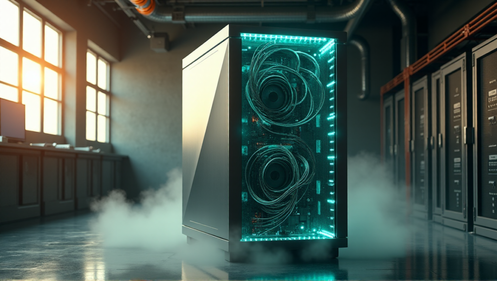 "A futuristic computer laboratory featuring a large cryptocurrency mining rig with embedded LED lights and transparent tubes containing swirling blue-green liquid representing encrypted data."