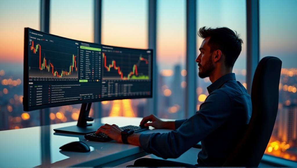A cryptocurrency trader intensely focuses on a high-tech trading console displaying real-time blockchain market data amidst a warm cityscape at dusk.