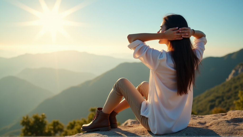 "A young woman sits confidently on a rocky outcrop overlooking a serene landscape at dawn, symbolizing financial freedom with blockchain technology in the background."
