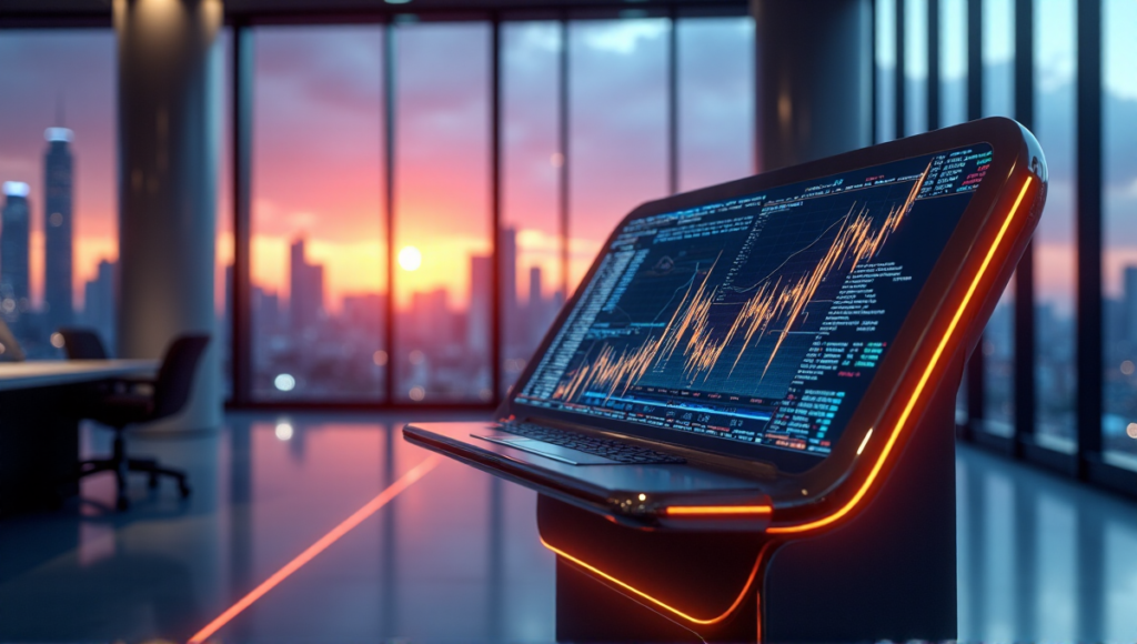 "A sleek, high-tech cryptocurrency exchange terminal in a modern office space with cityscape view at dusk, showcasing blockchain technology's dynamism."