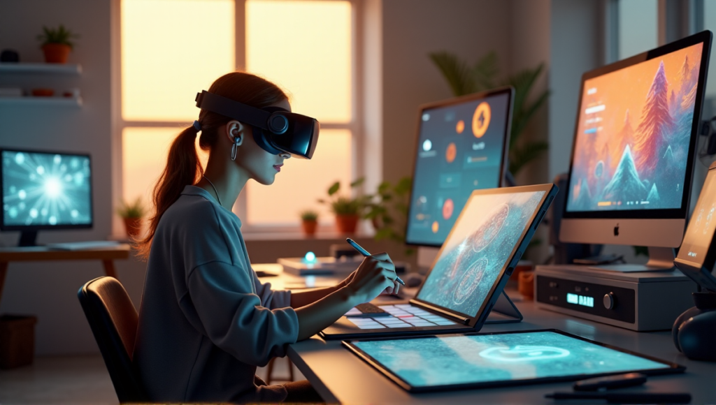 "A young woman sits at a modern art studio desk, surrounded by screens displaying blockchain patterns and cryptocurrency charts, creating digital artwork with VR goggles and a tablet."