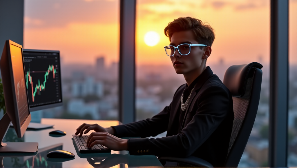 "A young adult in a black business suit sits confidently at a modern desk, wearing blockchain-inspired accessories, focused on cryptocurrency market fluctuations displayed on their computer."
