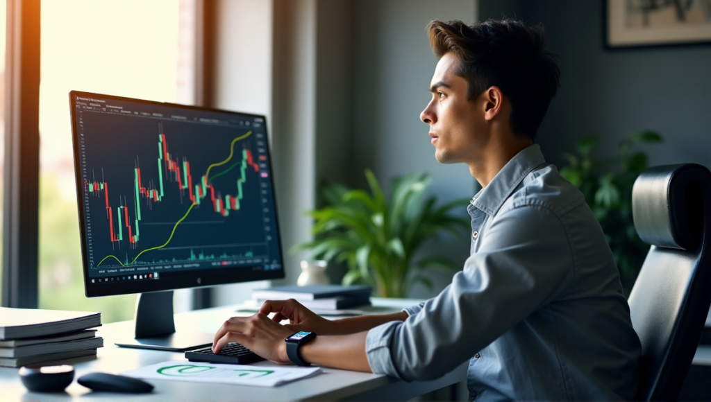 "A young professional investor sits confidently at a modern desk, surrounded by financial resources and high-tech gadgets, intensely focused on a cryptocurrency trading platform displaying blockchain technology."