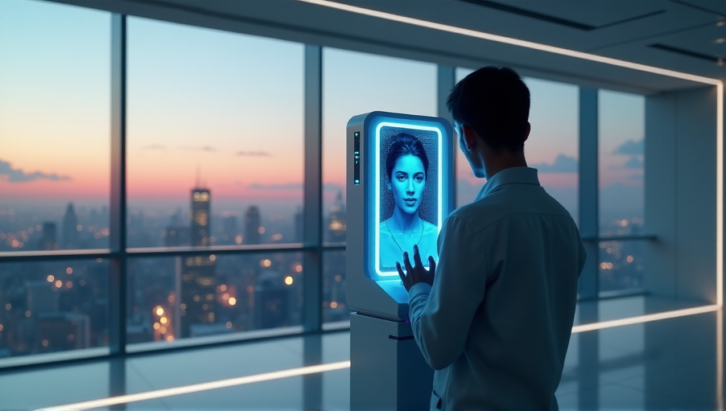 A futuristic digital identity verification terminal in a high-tech lab setting with a person's face being scanned using advanced biometric technology, surrounded by a cityscape at dusk illuminated by warm golden light.