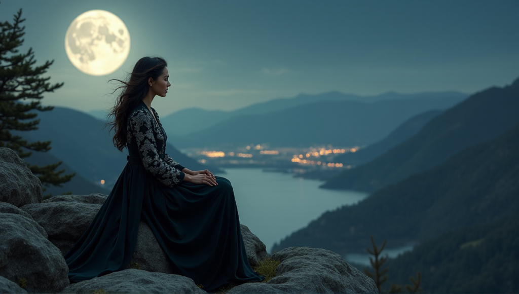 "A woman sits on a rocky outcrop, gazing at a moonlit landscape, symbolizing control over decentralized wealth and blockchain future."