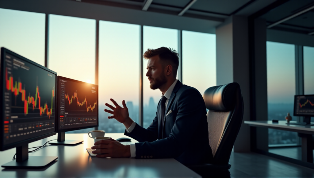 "A confident cryptocurrency trader sits at a desk surrounded by computer screens displaying Bitcoin and Altcoin charts, with a live market feed on a large screen behind them."