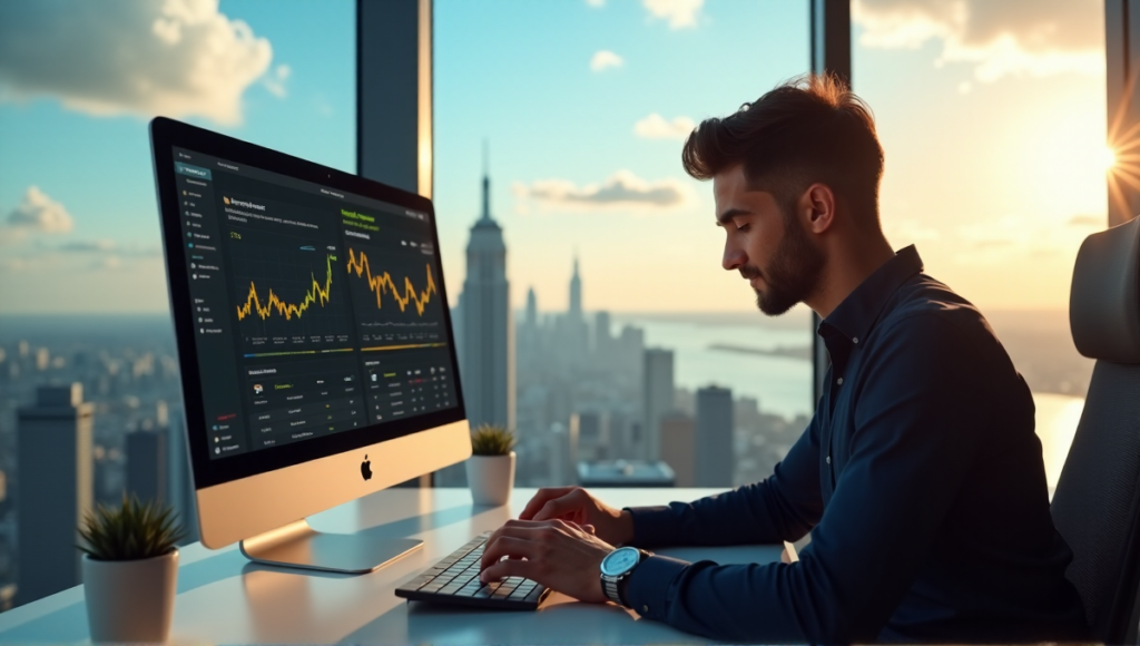 "A young professional sits in a modern office, intensely focused on a DeFi dashboard with cryptocurrency charts on a large computer screen, while gazing out at a bustling cityscape through a floor-to-ceiling window."
