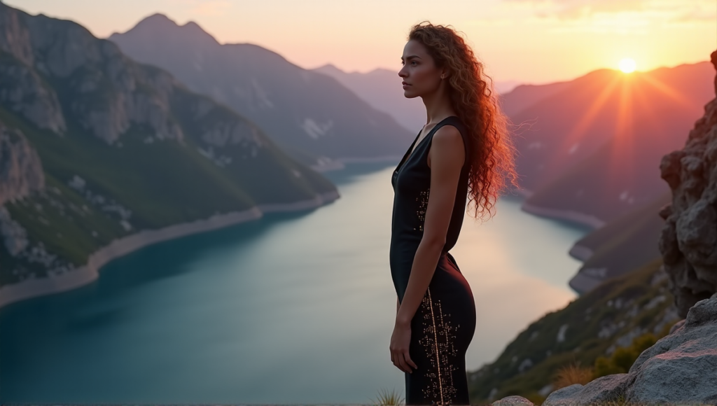 "A young woman stands confidently on a rocky cliff overlooking a serene lake at sunrise, symbolizing financial freedom through blockchain innovation."